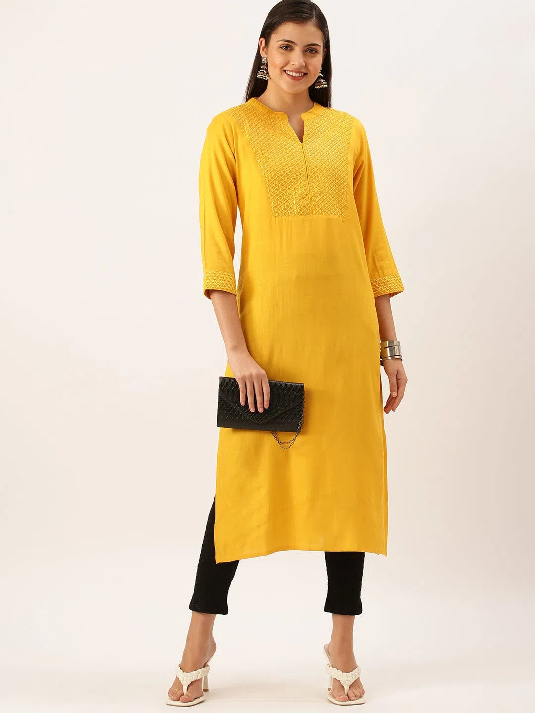 Embroidered Yellow Cotton Kurta - Indian Kurta for Women