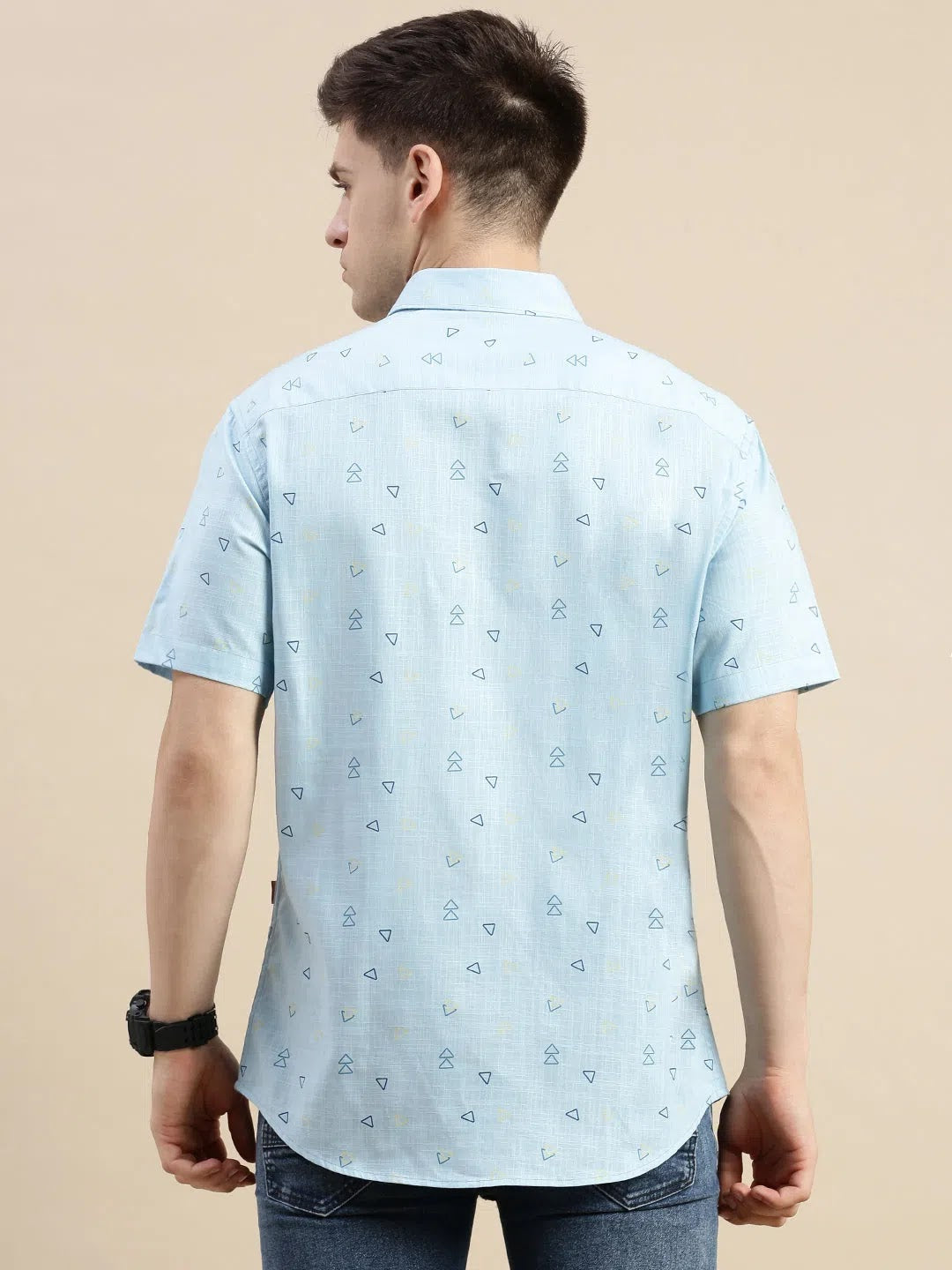 Blue Geometric Linen Shirt - Mens Printed Linen Shirt