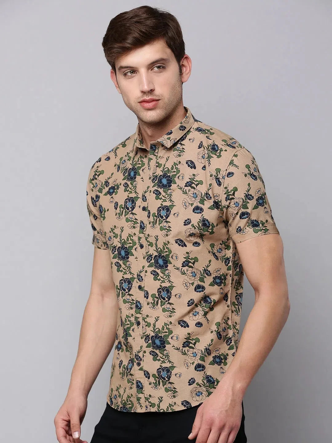 Men's Tan Printed Shirt | Cotton Casual Mens Shirt