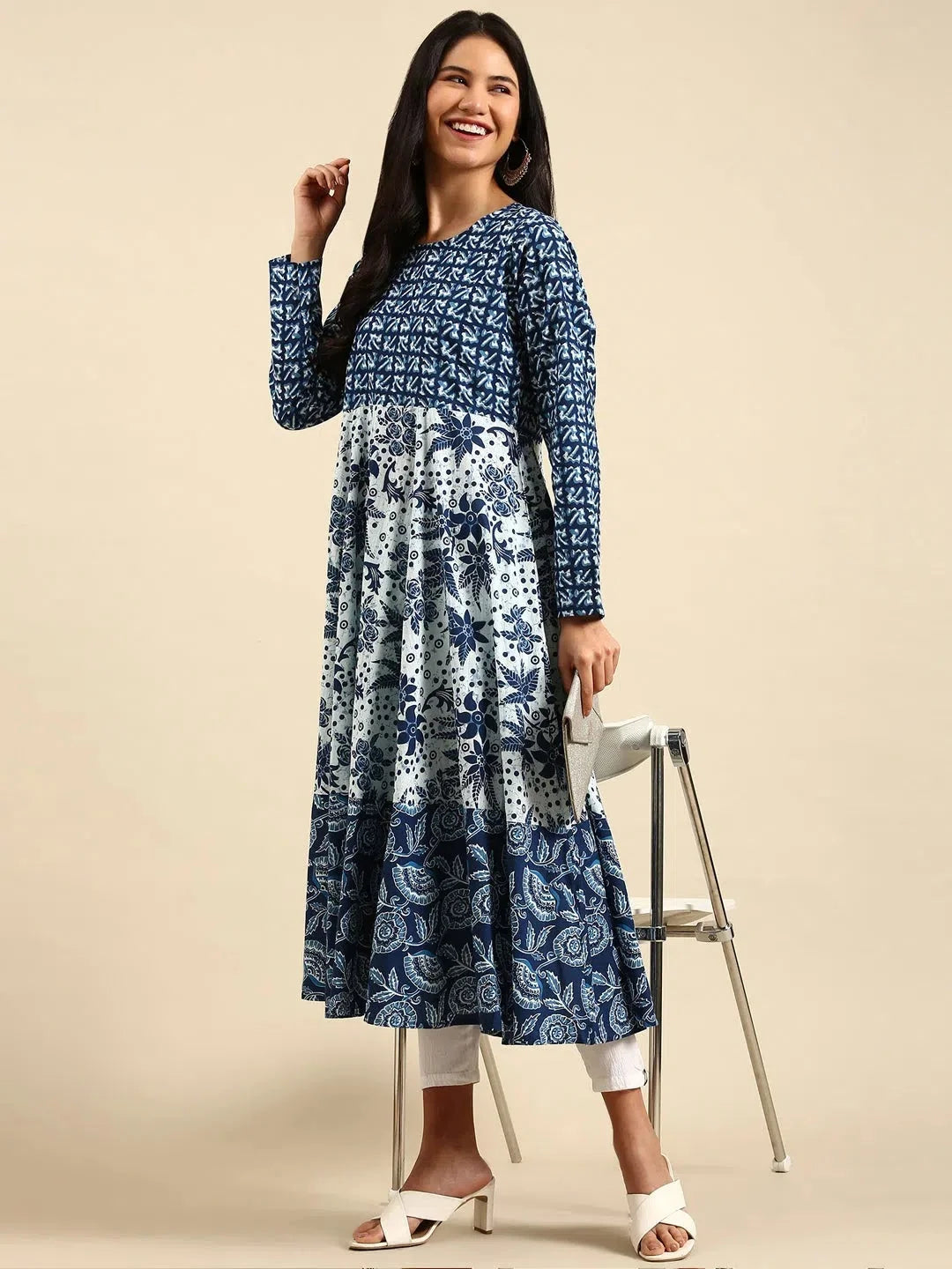 Navy Blue Printed Anarkali Kurti | Cotton Anarkali Kurta Online