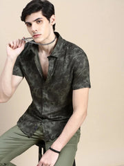 Men Green Floral Casual Shirt-GEORGE-1630-Olive