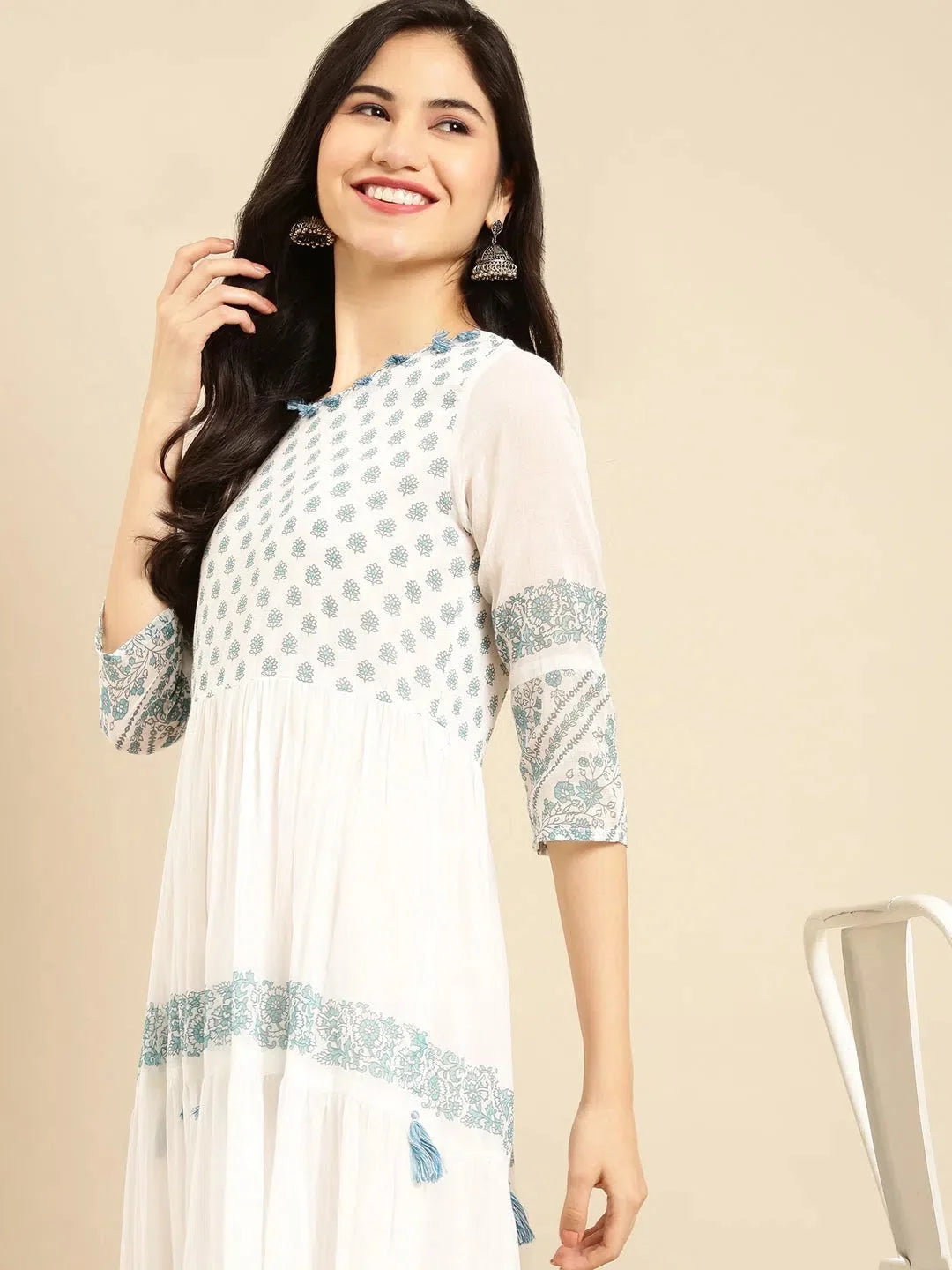 White Printed Kurta: Stylish A-Line Indian Kurtis for Women