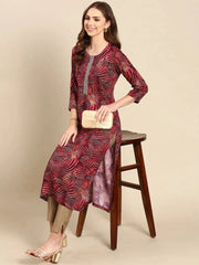 Women's Burgundy Printed Straight Kurta-AT-A754-Burgundy