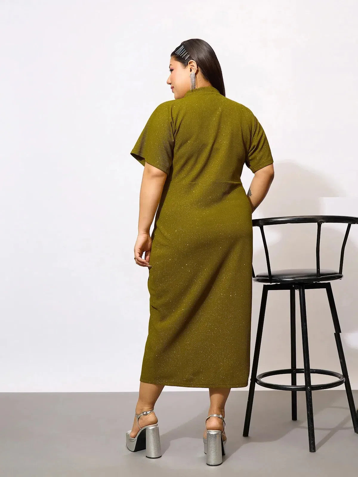 Olive Glitter Bodycon Dress | Front Button Women's Dress