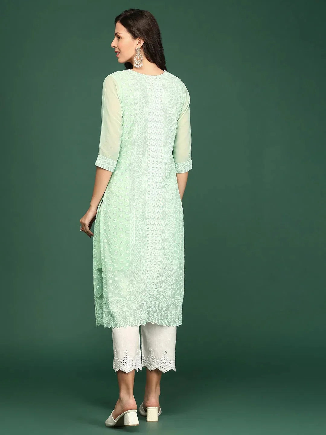 Sea Green Embellished Polyester Indian Kurta for Women