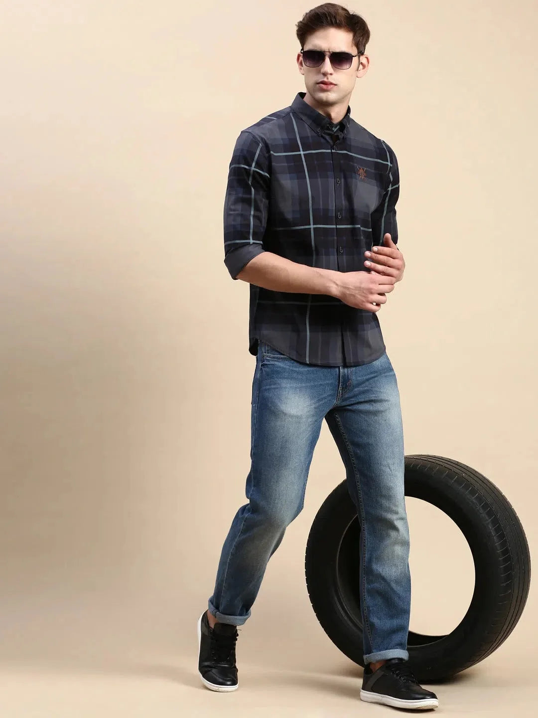 Trending Navy Checked Mens Shirt - Cotton Casual Shirt | DesiQlo