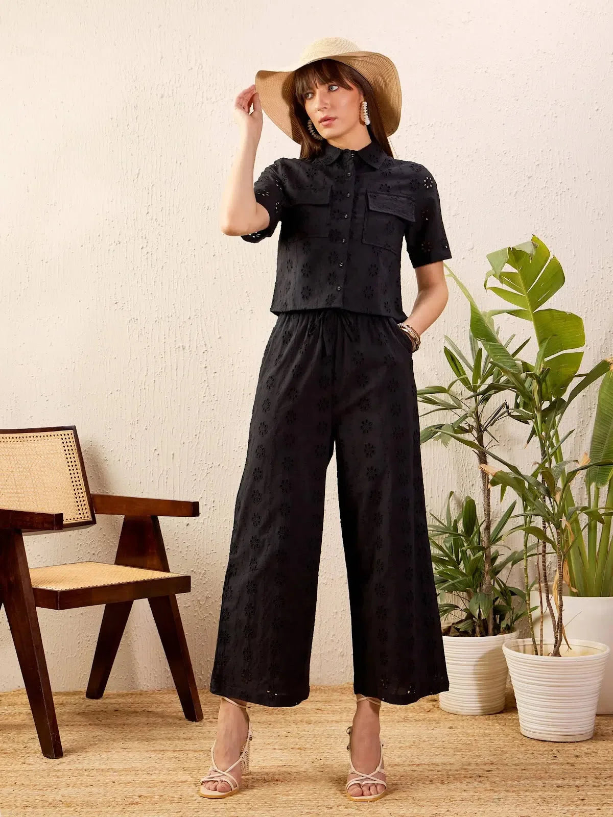 Black Cotton Schiffli Co-ord Set - Crop Shirt and Wide Leg Pant