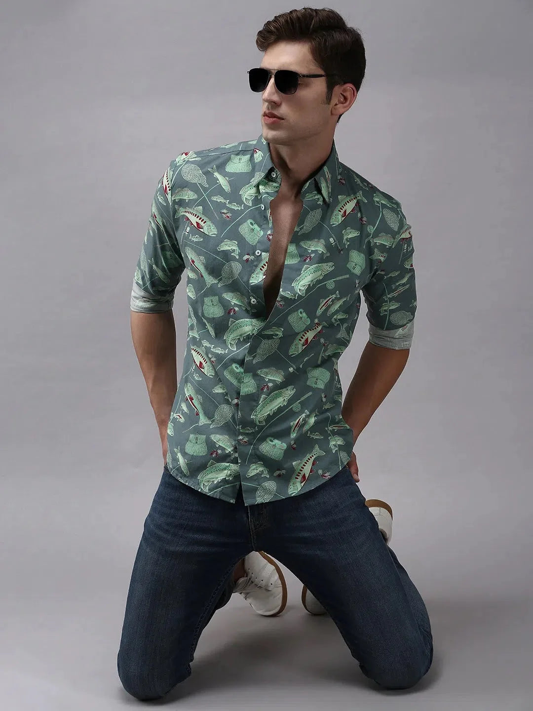 Green Printed Cotton Mens Shirt - Casual Style | DesiQlo