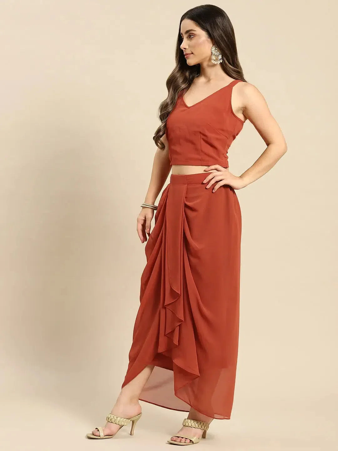 Rust Shrug Set: Crop Top & Skirt - Designer Lehenga for Women