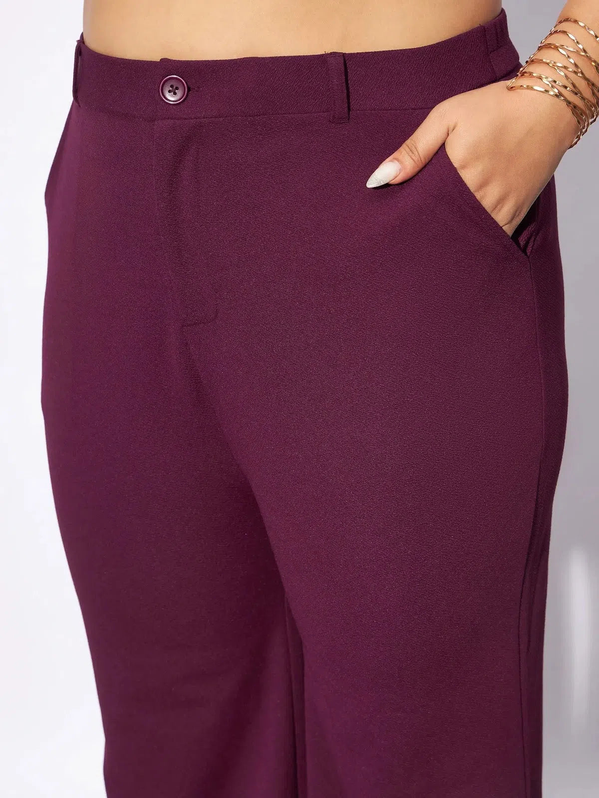 Burgundy Top & Straight Pants | Women's Button Detail Set