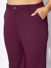 Women Burgundy Front Button Top With Straight Pants