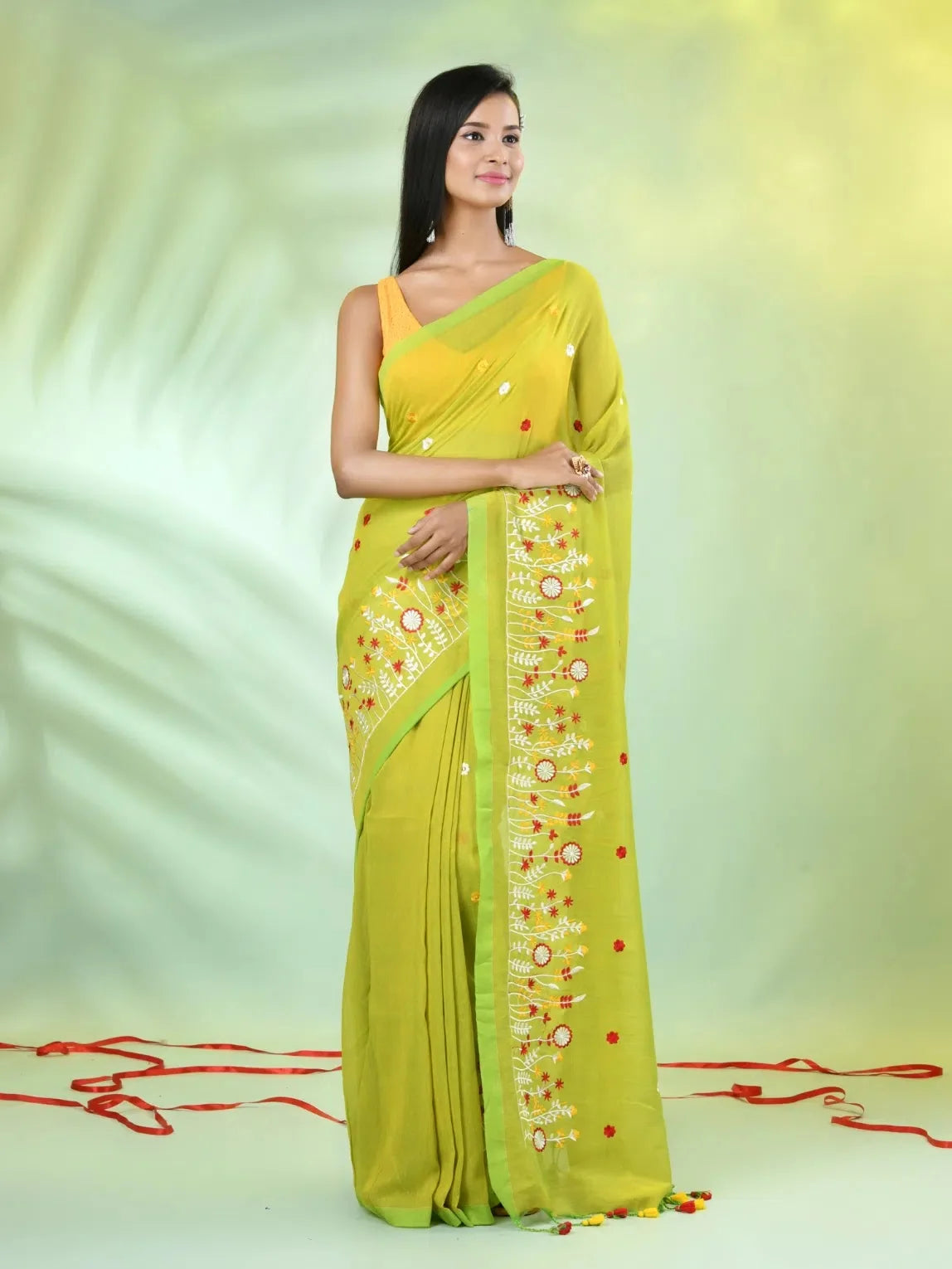 Lime Green Embroidered Cotton Saree | Designer Sarees India
