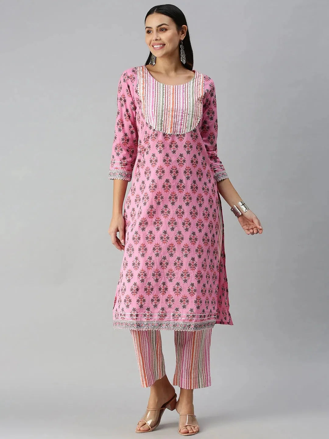 Pink Striped Cotton Indian Kurta Sets for Women | Showoff
