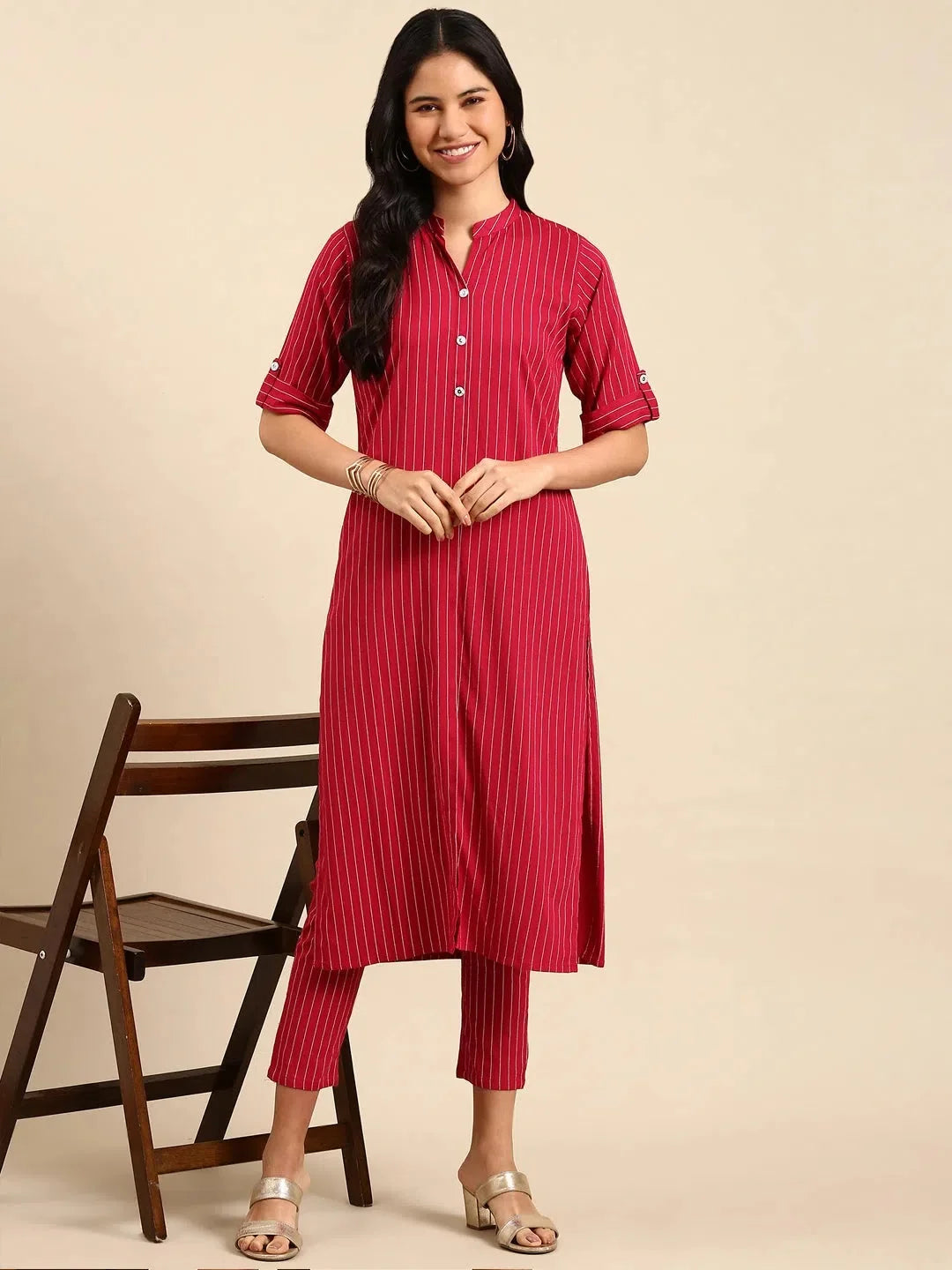 Magenta Striped Kurta Set | Women's Designer Kurta Sets