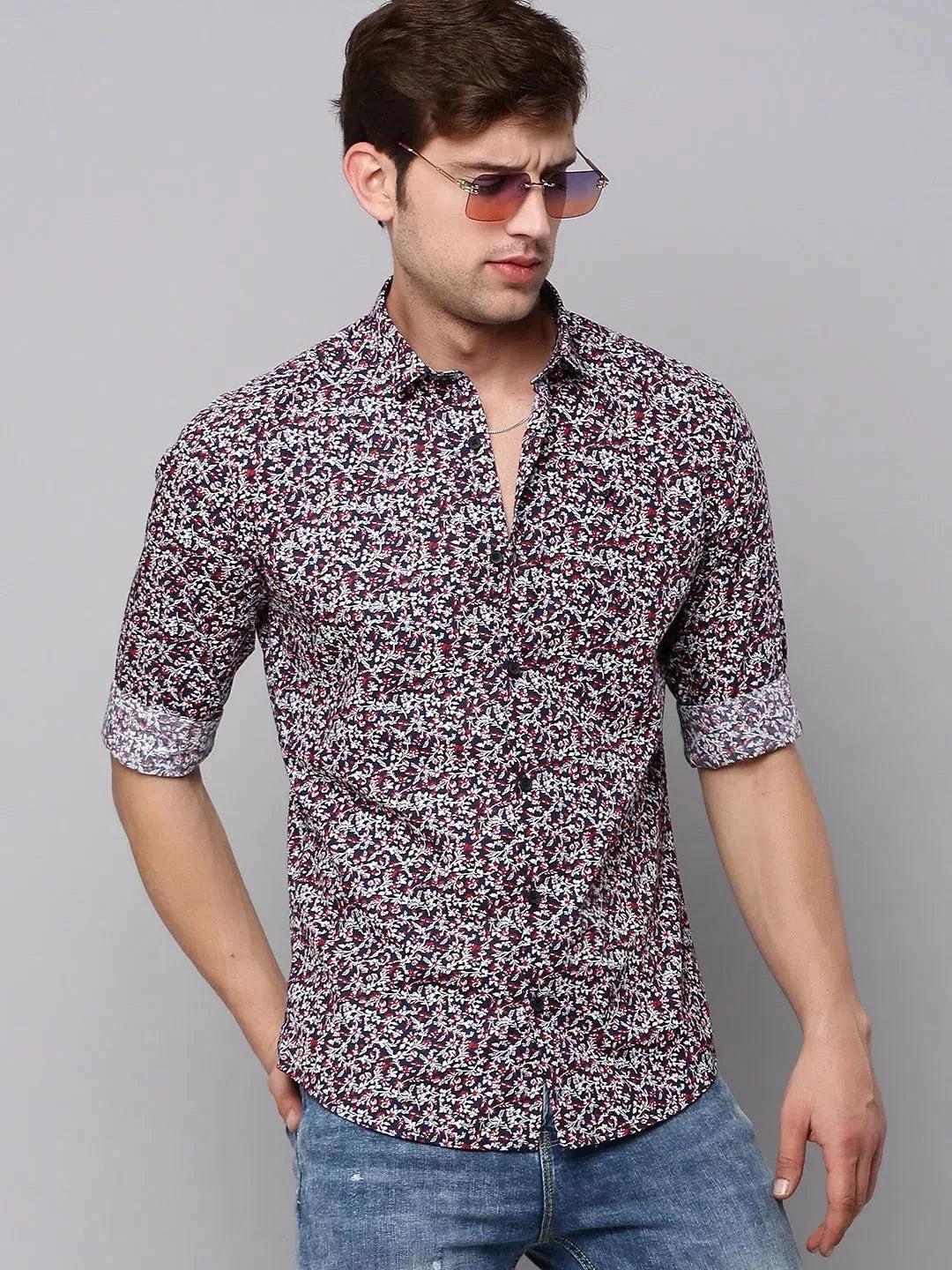 Navy Blue Printed Mens Shirt - Casual Cotton Shirt