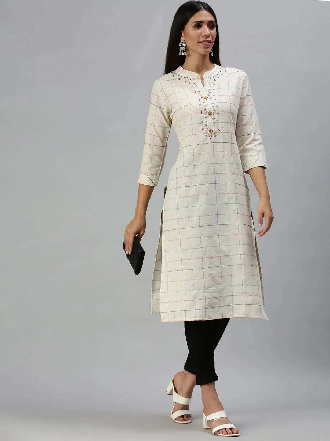 Beige Cotton Checked Kurta | Women's Casual Indian Kurtas