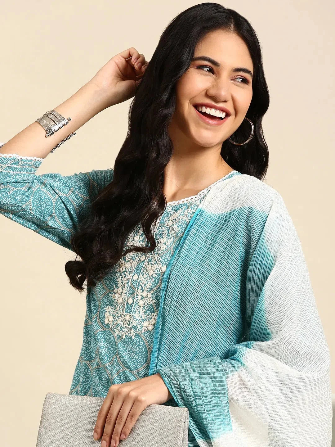 Teal Ethnic Print Kurta Set for Women | Cotton Indian Kurta