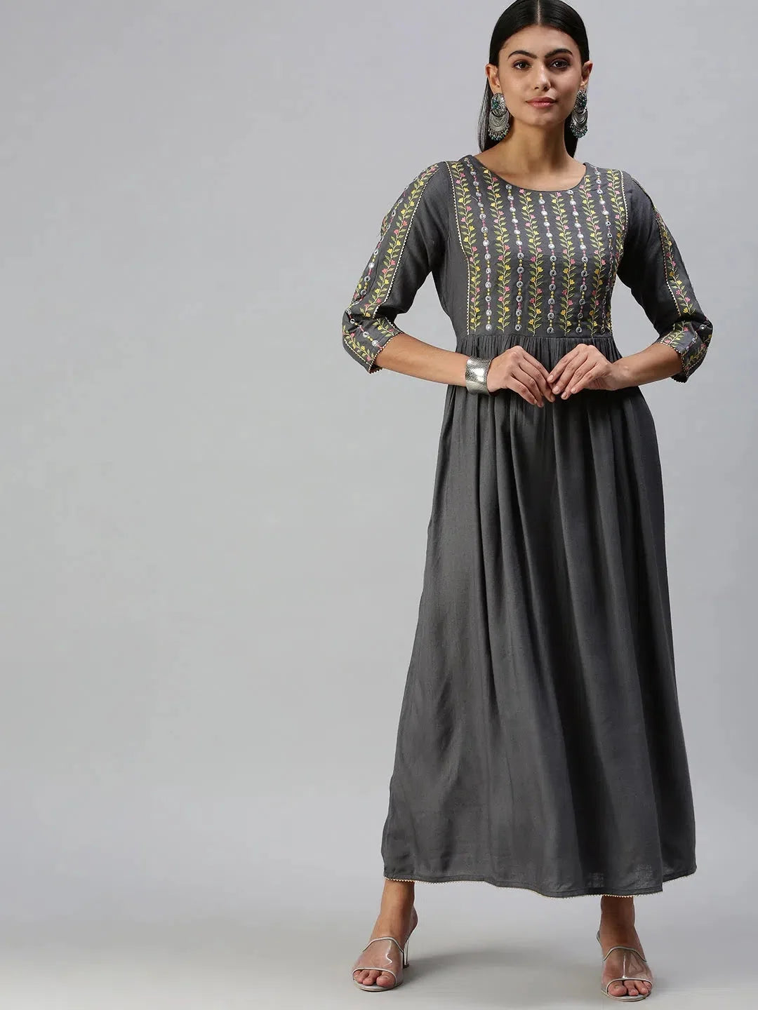 Grey Floral Anarkali Kurta for Women | Cotton Anarkali Kurti