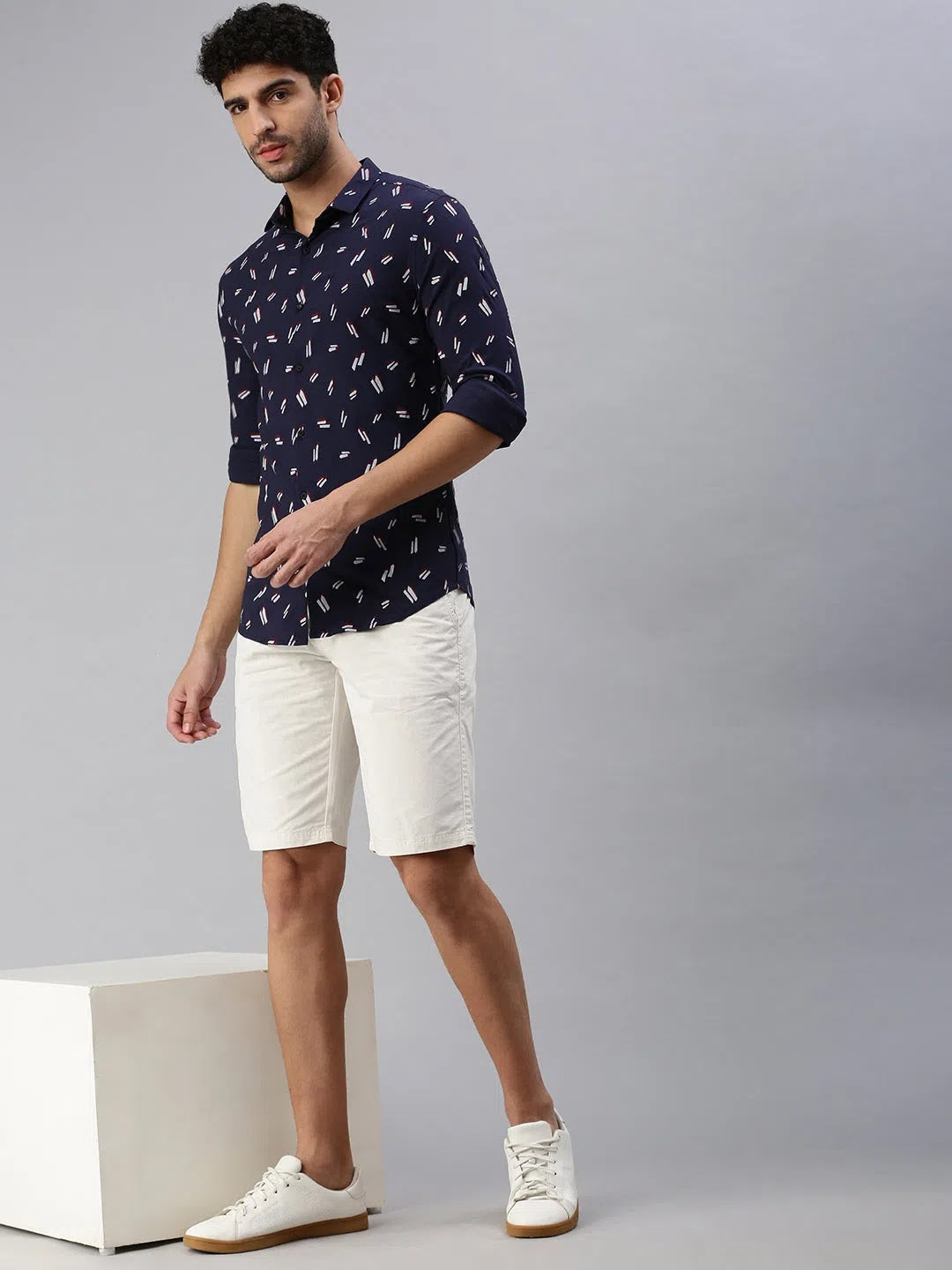Men's Navy Blue Printed Cotton Shirt | DesiQlo