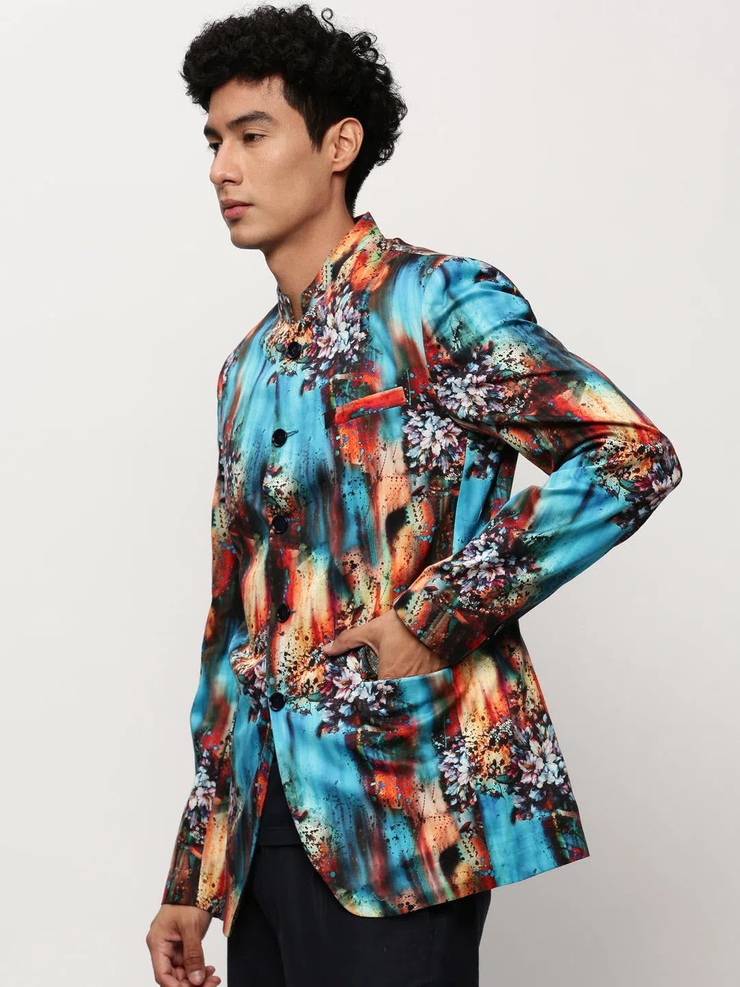 Men's Blue Printed Blazer | Modern Ethnic Nehru Jacket Design