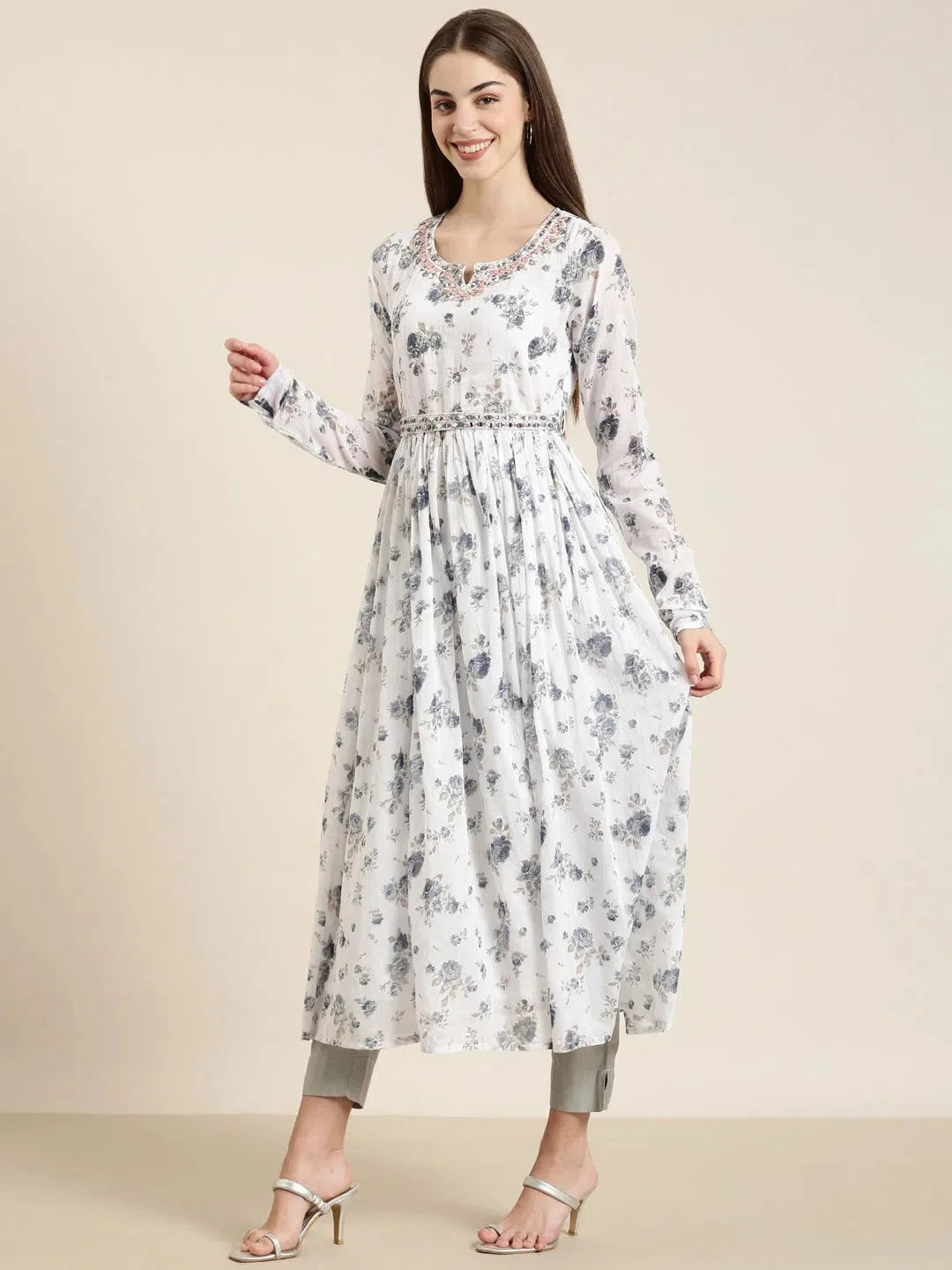 White Floral Anarkali Kurti - Cotton Anarkali Kurtis for Women