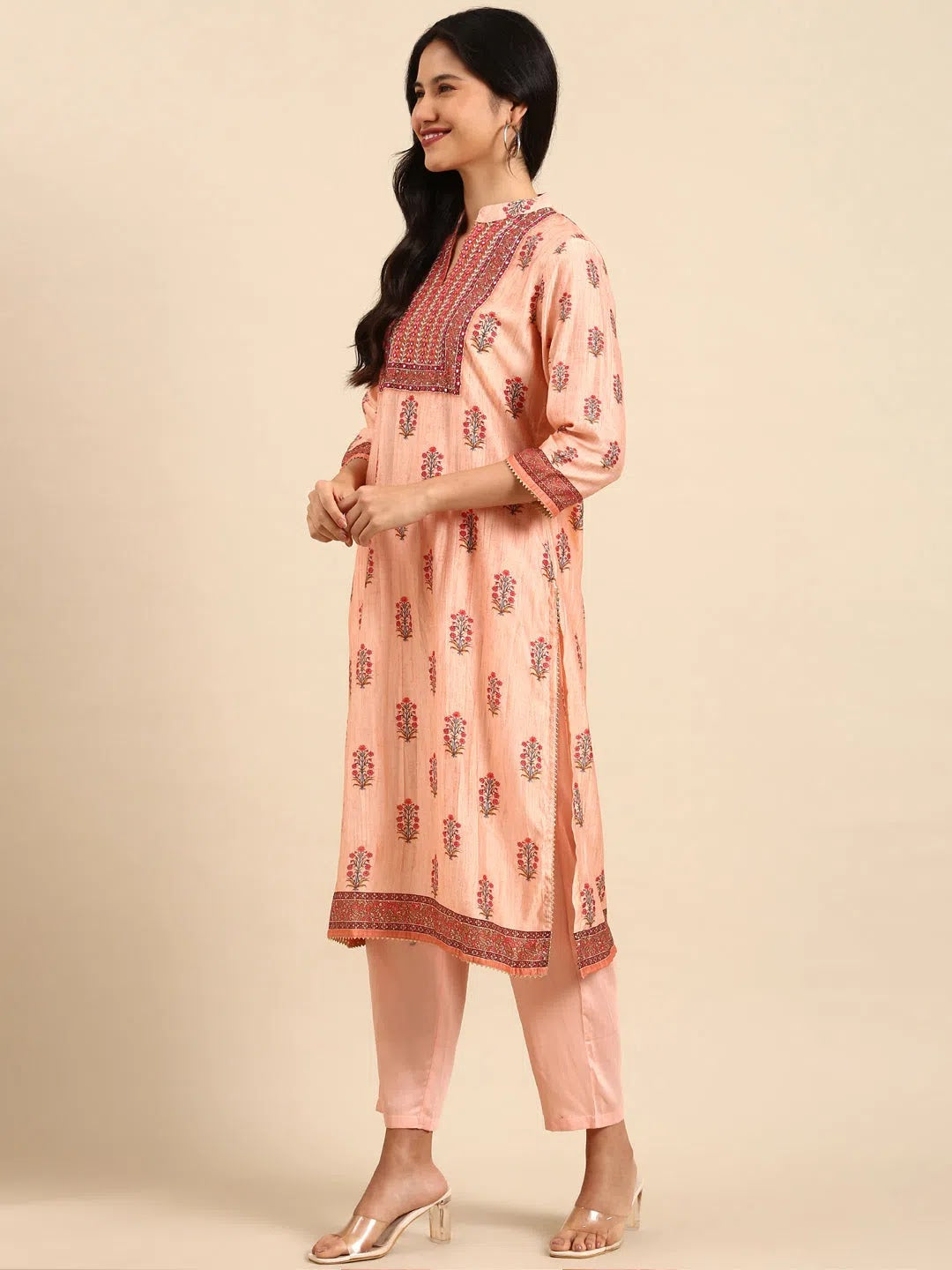 Peach Floral Women's Kurta Sets | Designer Kurta Set