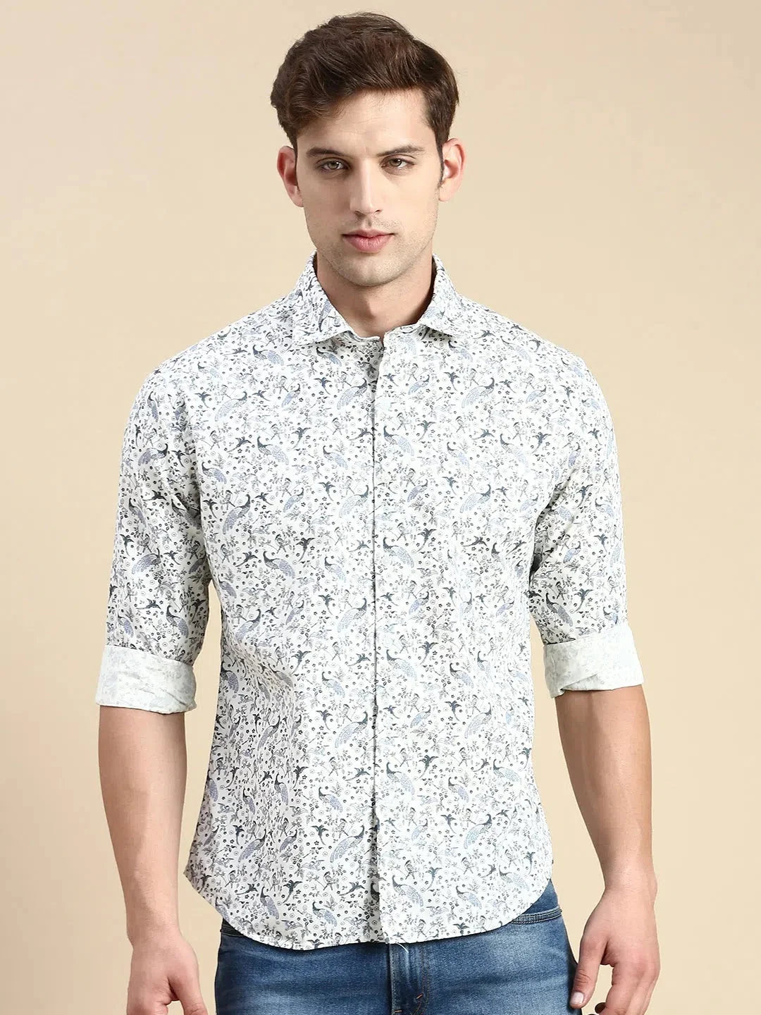 Men's White Printed Shirt - DesiQlo Cotton Casual Shirts