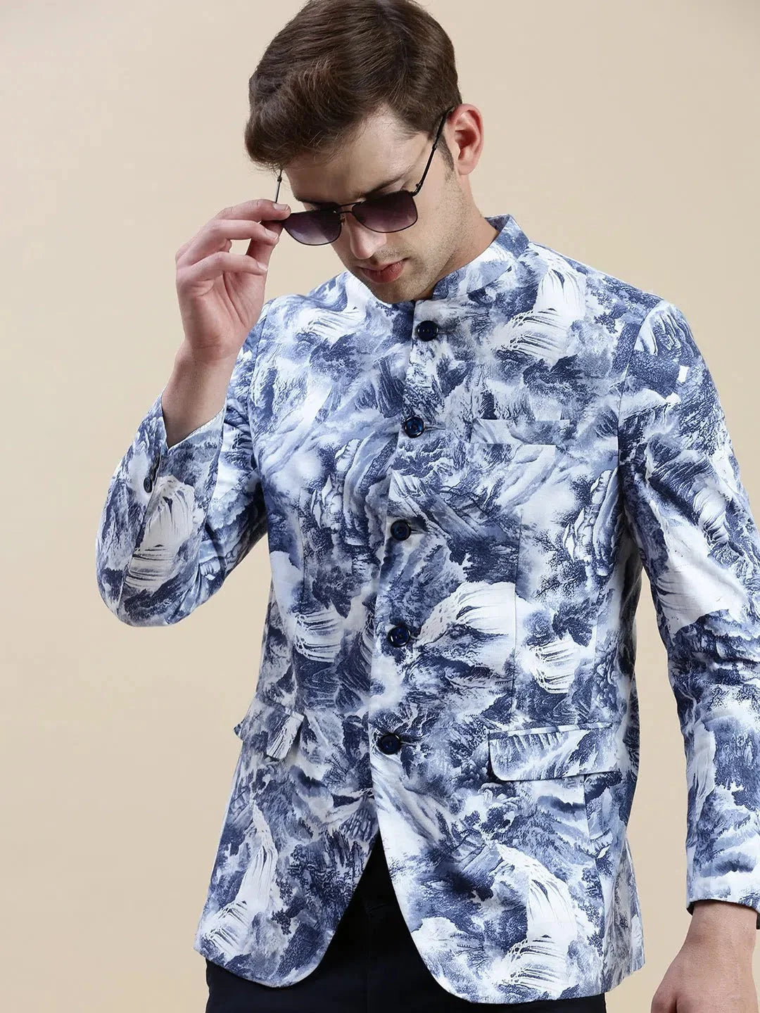 Blue Printed Cotton Blazer | Men's Ethnic Wear - DesiQlo