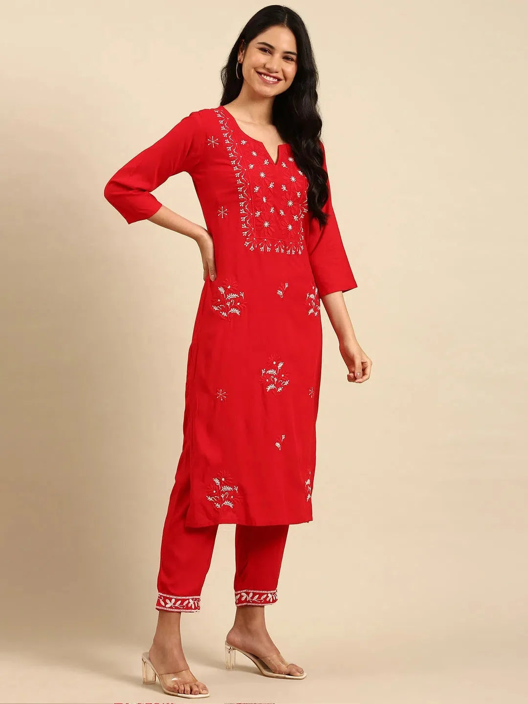 Red Embroidered Cotton Women's Kurta Set | Indian Kurta Sets