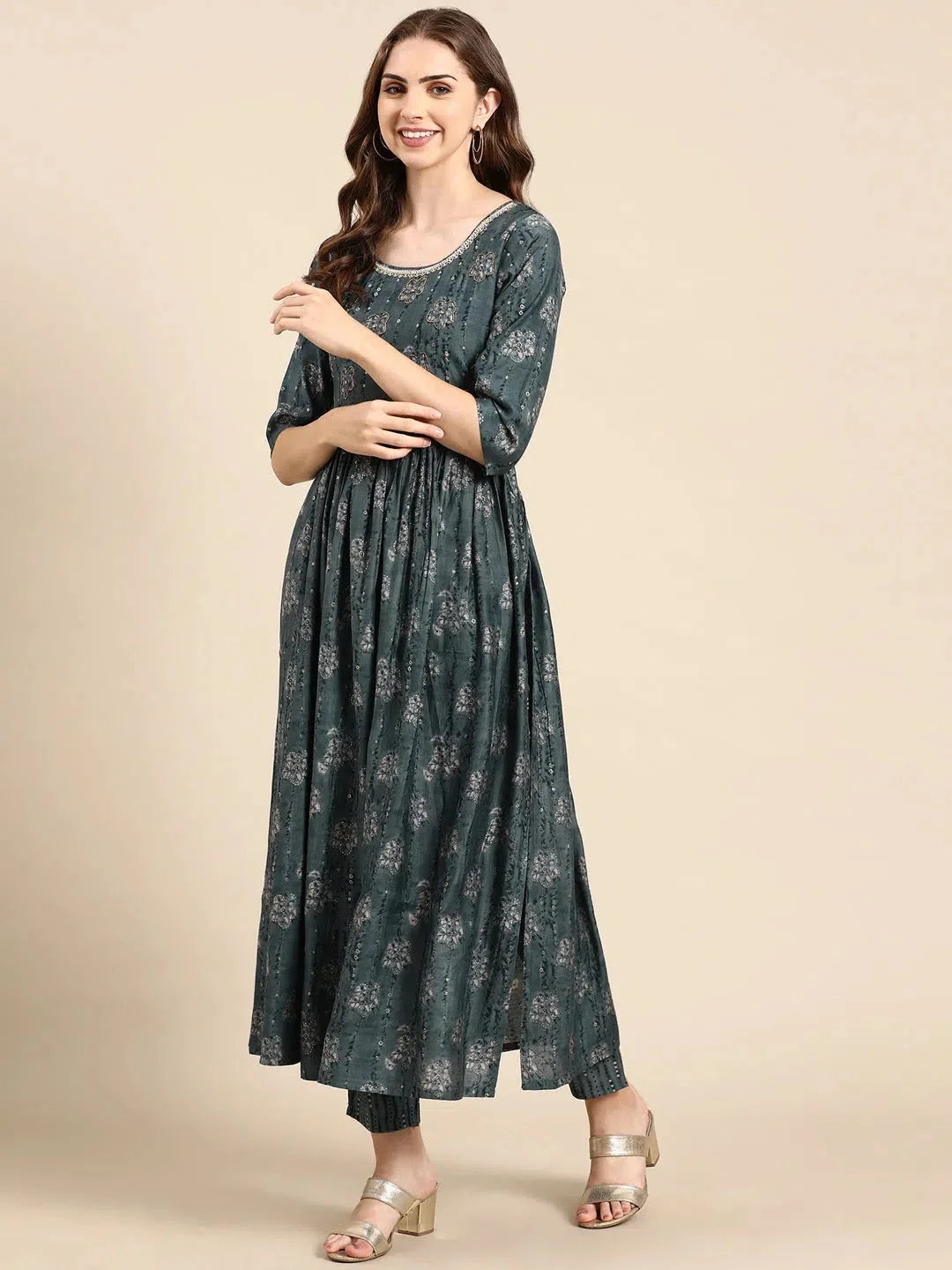 Teal Floral Print Kurta Set - Women's Designer Kurta Sets