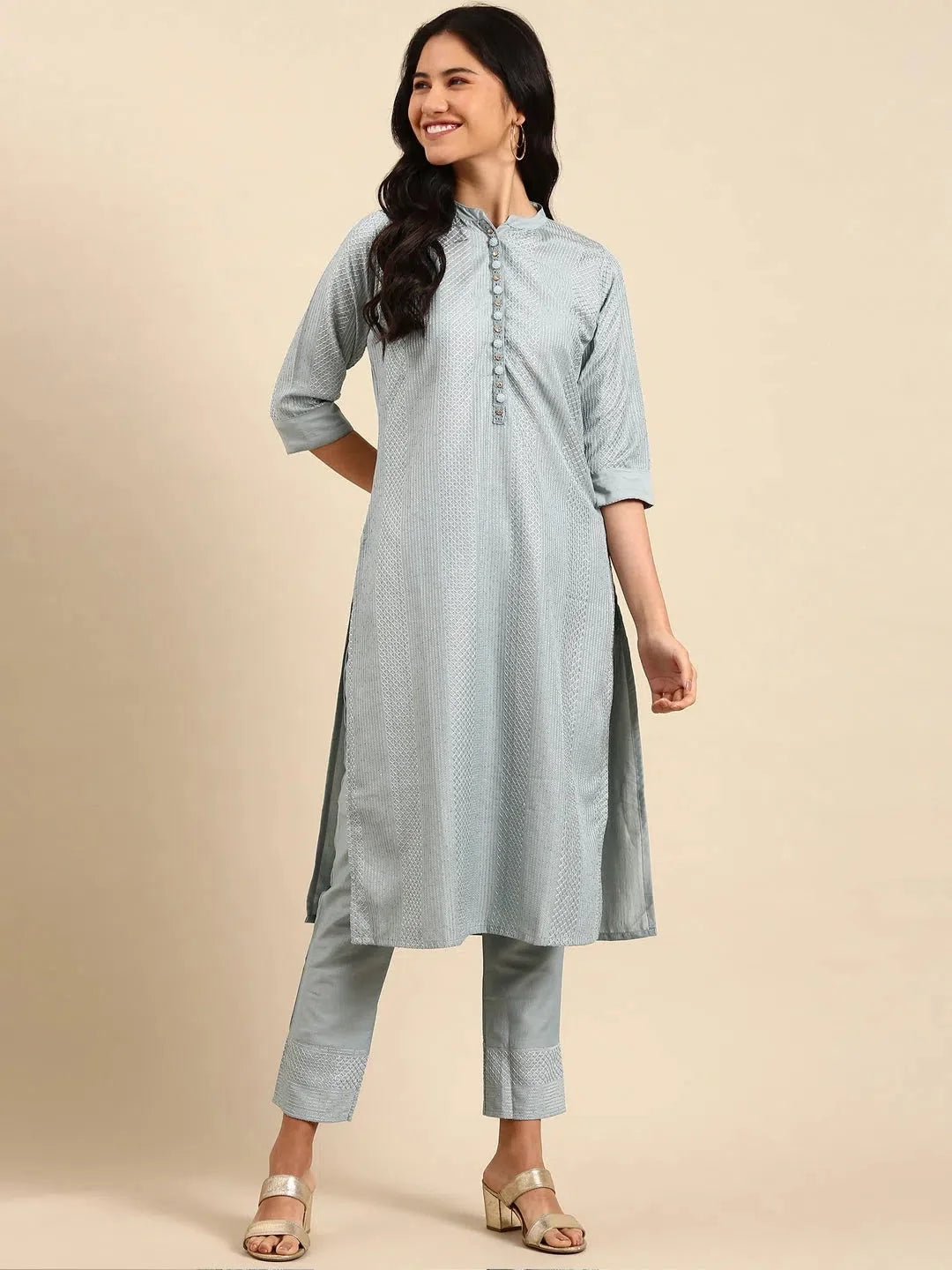 Blue Printed Women's Kurta Set | Polyester Indian Kurta Sets
