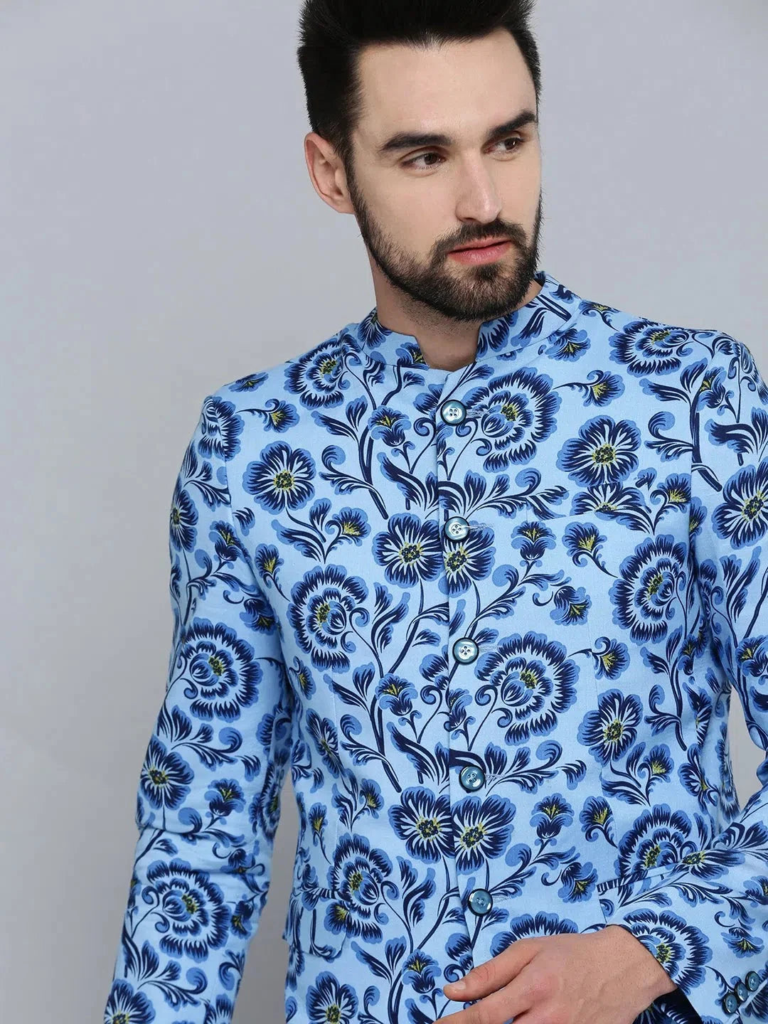 Blue Printed Nehru Jacket Wedding Blazer | DesiQlo