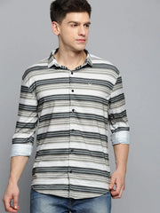 Men Green Striped Casual Shirt-LARGEPRINT-2087-Olive