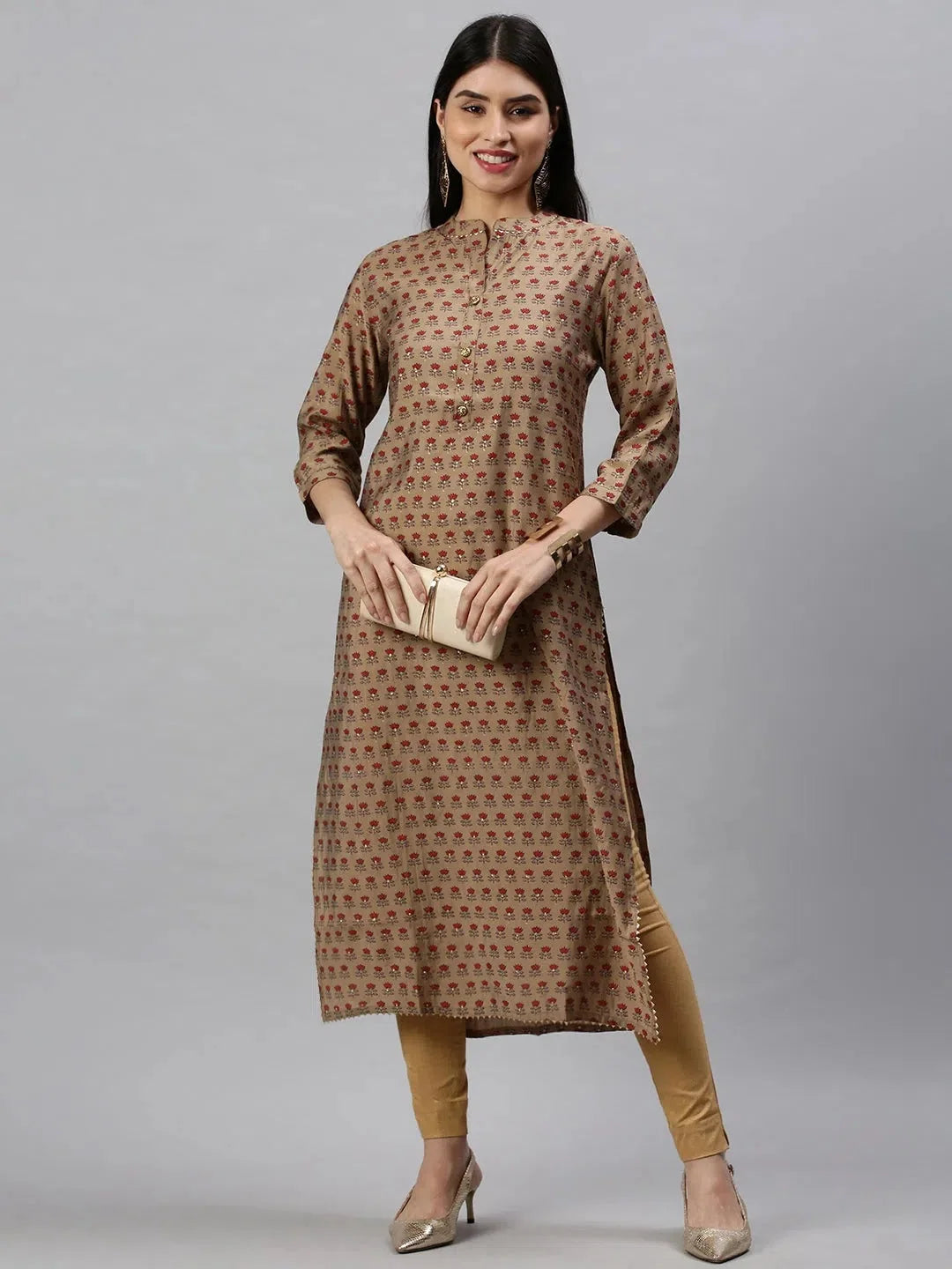 Brown Floral Print Indian Kurta: Cotton Kurtis for Women