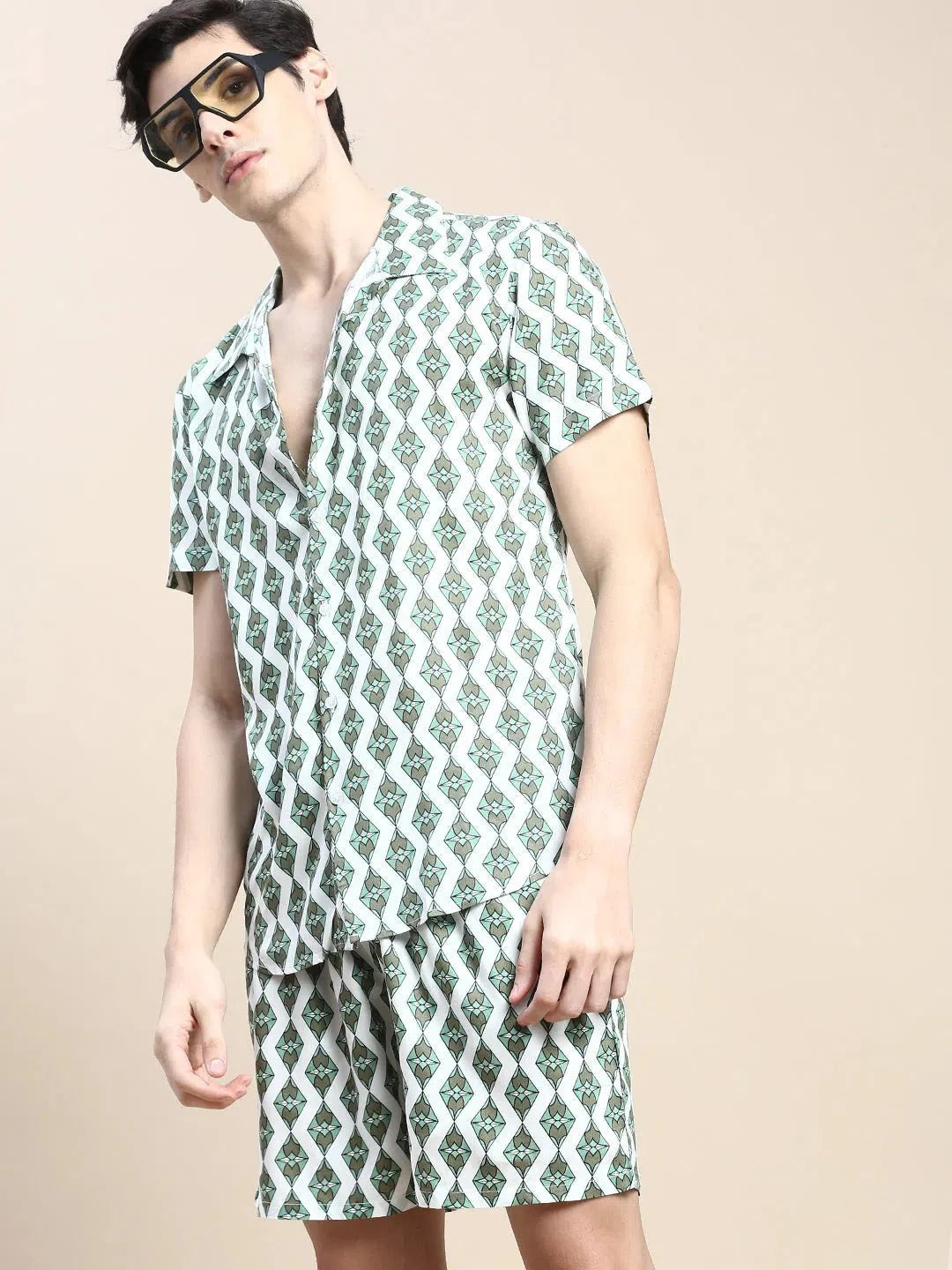 Men's White Printed Cotton Casual Co ord Set | Showoff