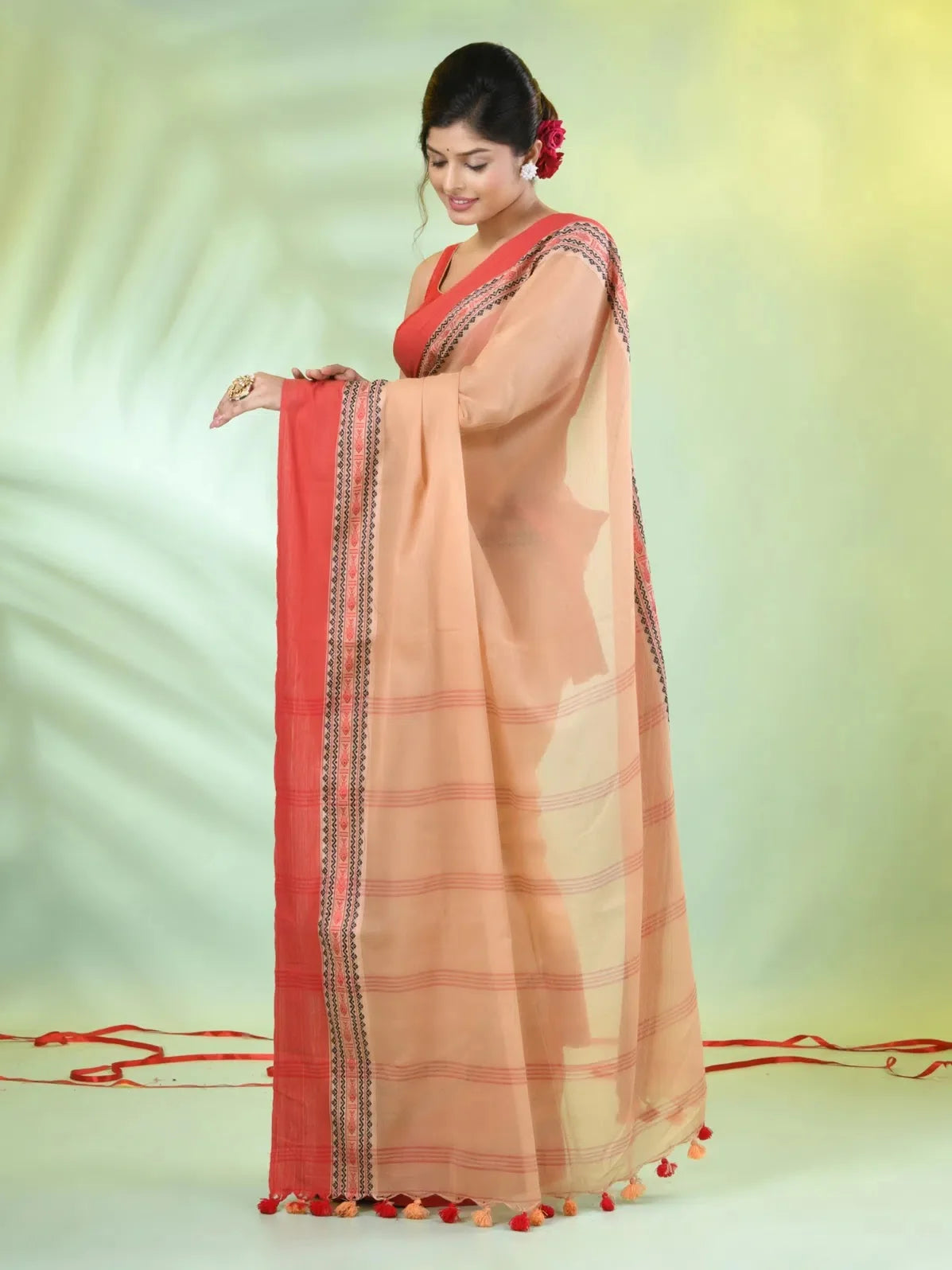 Beige Cotton Saree with Border | Indian Sari Elegance
