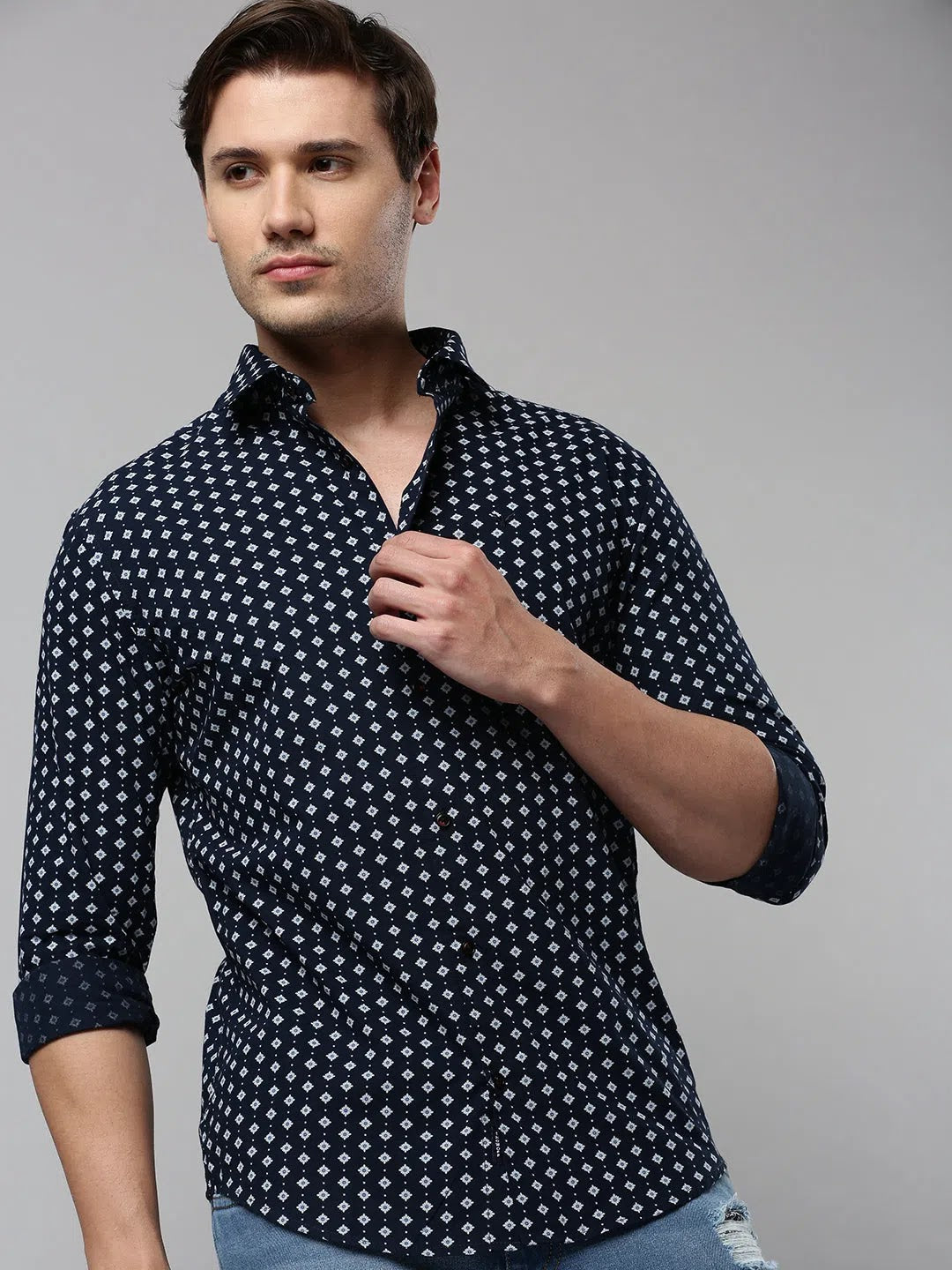 Men Navy Printed Casual Shirt-NTORQPRINT-4871-Navyblue