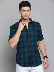 Men Blue Checked Casual Shirt-MAYACHECKS-4410-Teal