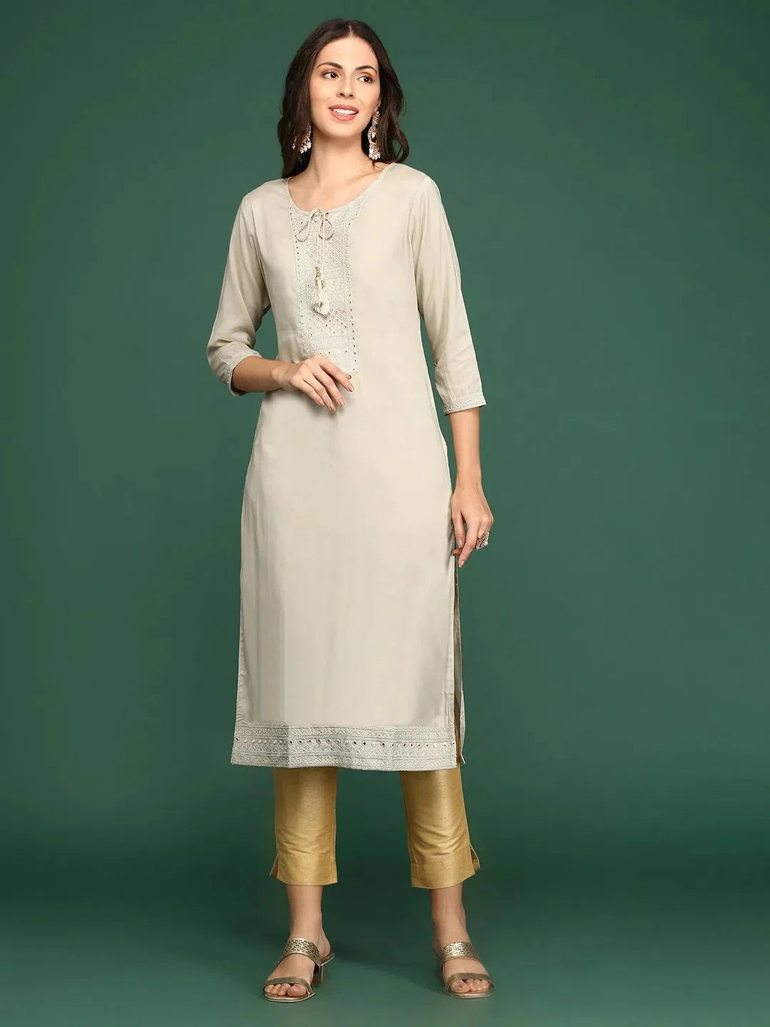 Cream Printed Kurta - Women's Polyester Indian Kurtis Online
