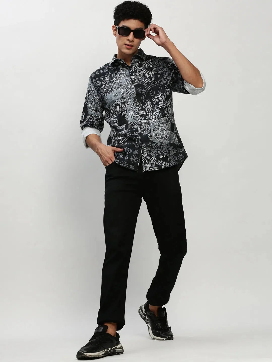 Men's Black Printed Shirt - Ethnic Motif Cotton Casual Shirt