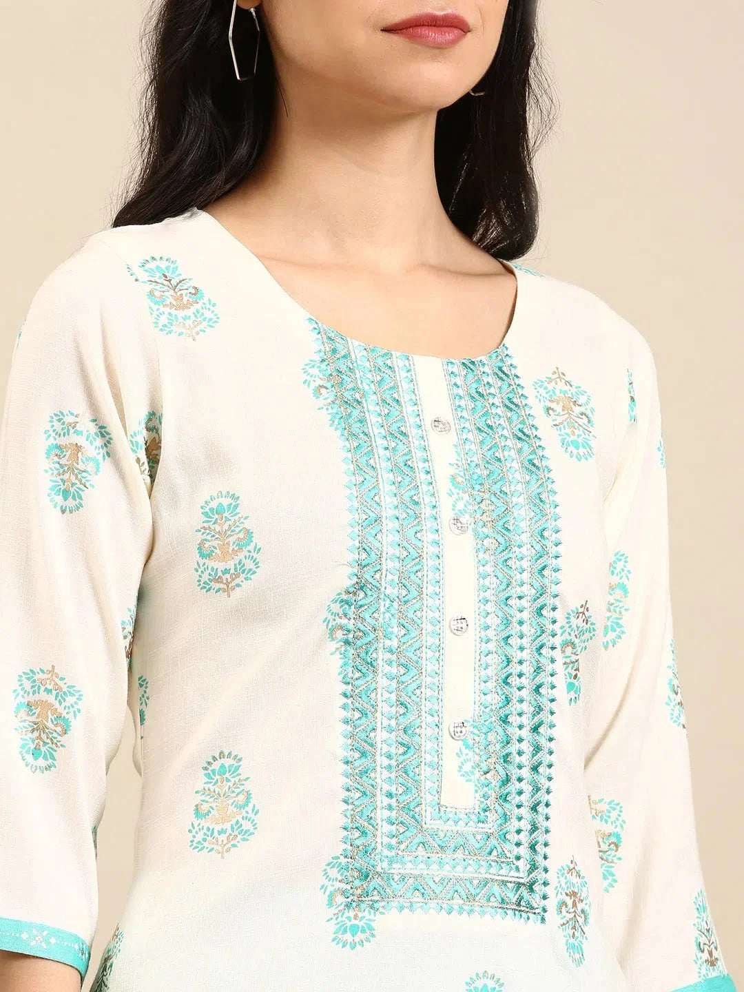 Soft Cream Floral Cotton Kurta Set | Women's Indian Kurta Sets