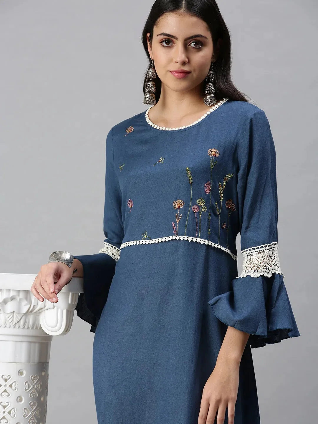 Navy Blue Floral Anarkali Kurta - Women's Anarkali Suit Set