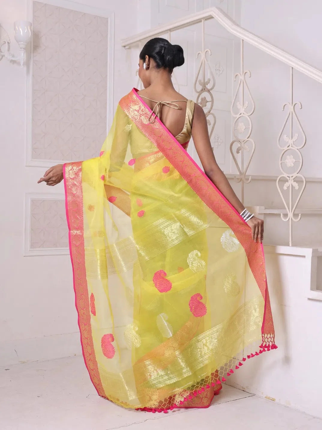 Yellow Linen Saree with Zari - Indian Sarees