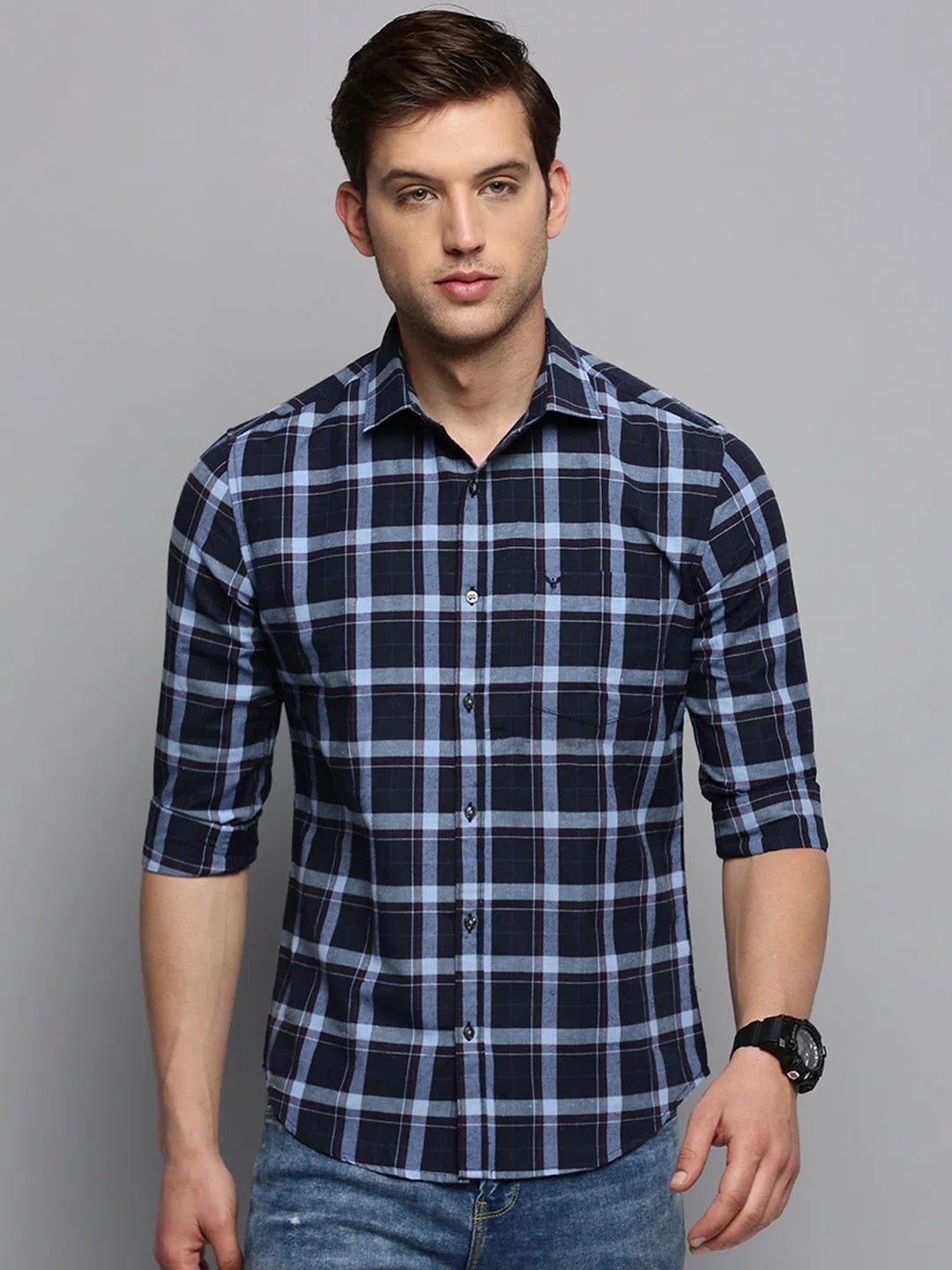 Navy Checked Mens Shirt | Cotton Casual Shirt | DesiQlo