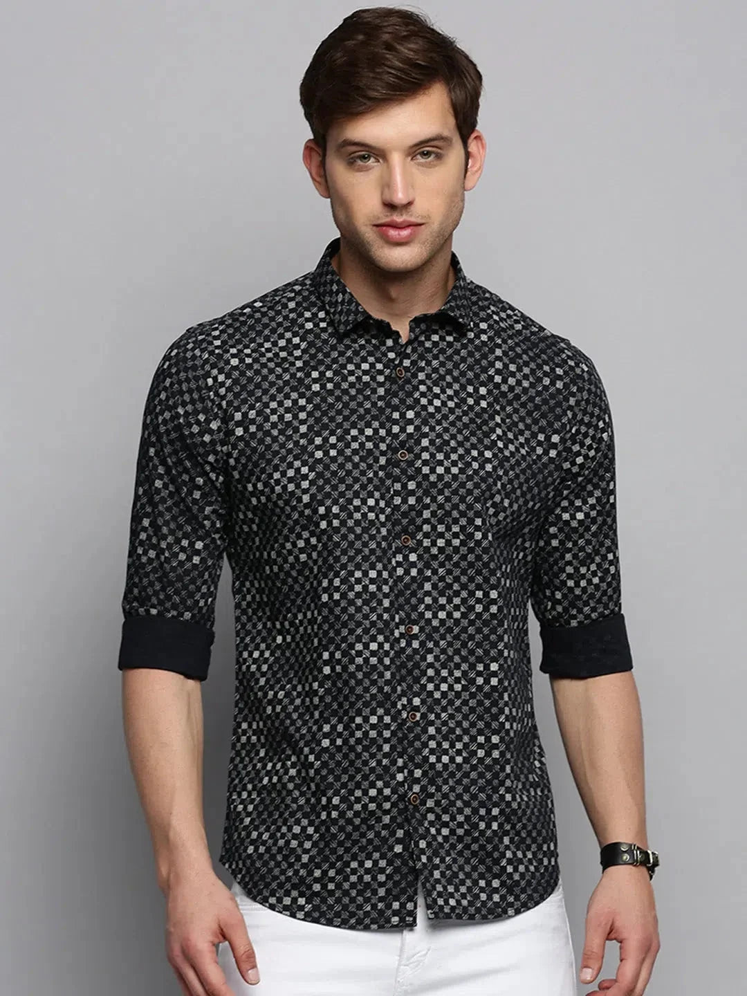 Men's Black Printed Cotton Shirt - Casual Style
