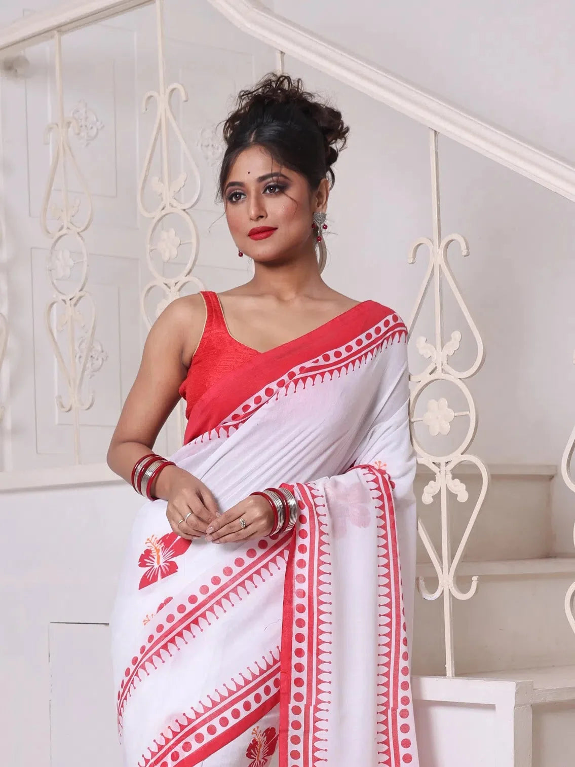 White Hibiscus Cotton Indian Sari: Bengali Style Saree
