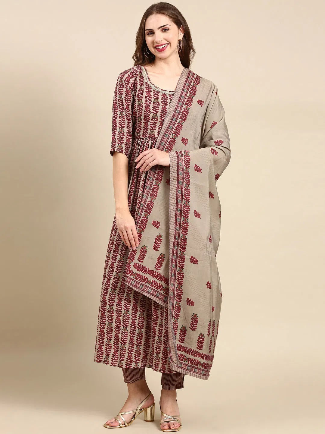 Women's Maroon Printed Kurta Set | Indian Kurta Sets