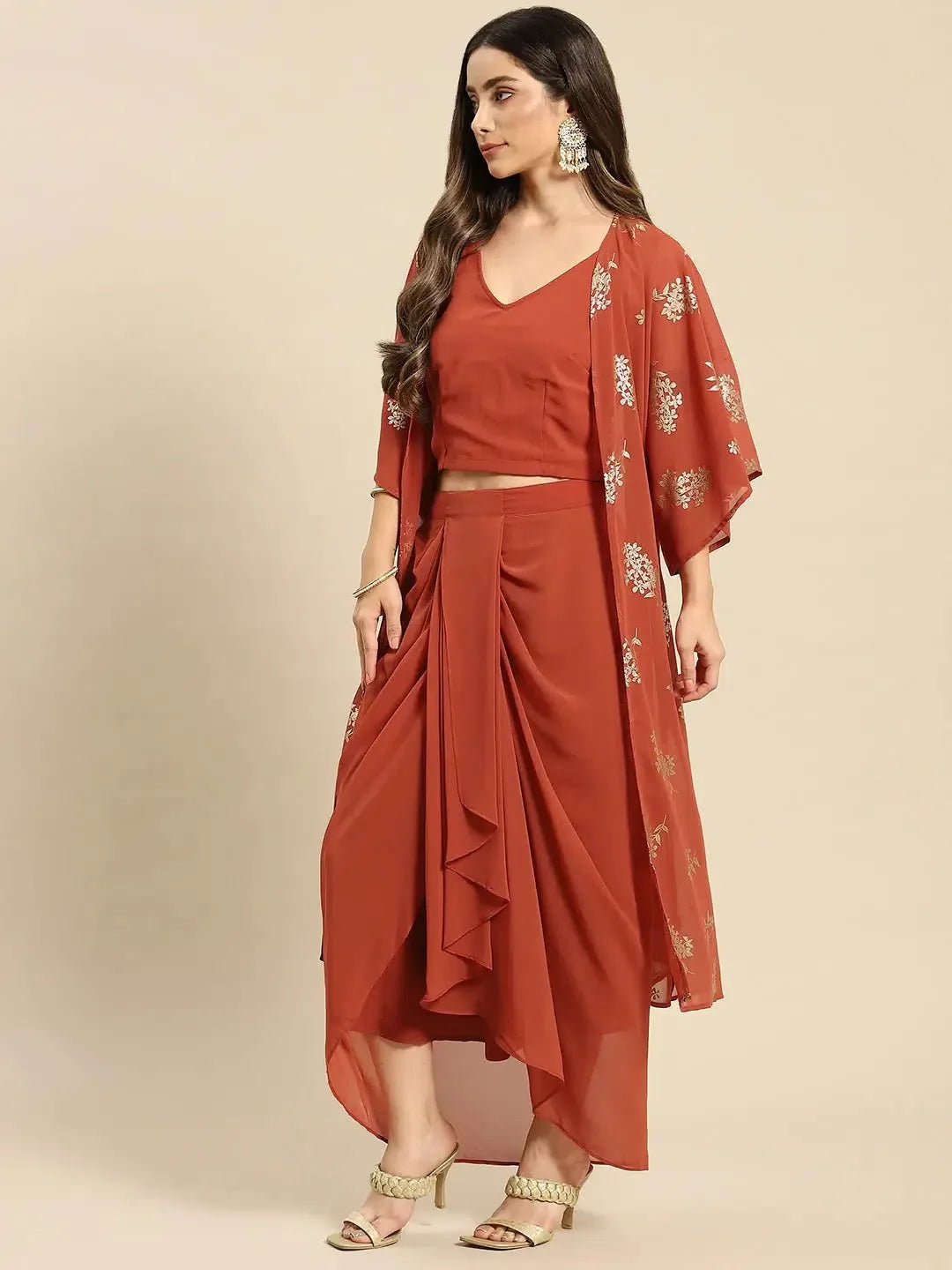 Rust Shrug Set: Crop Top & Skirt - Designer Lehenga for Women