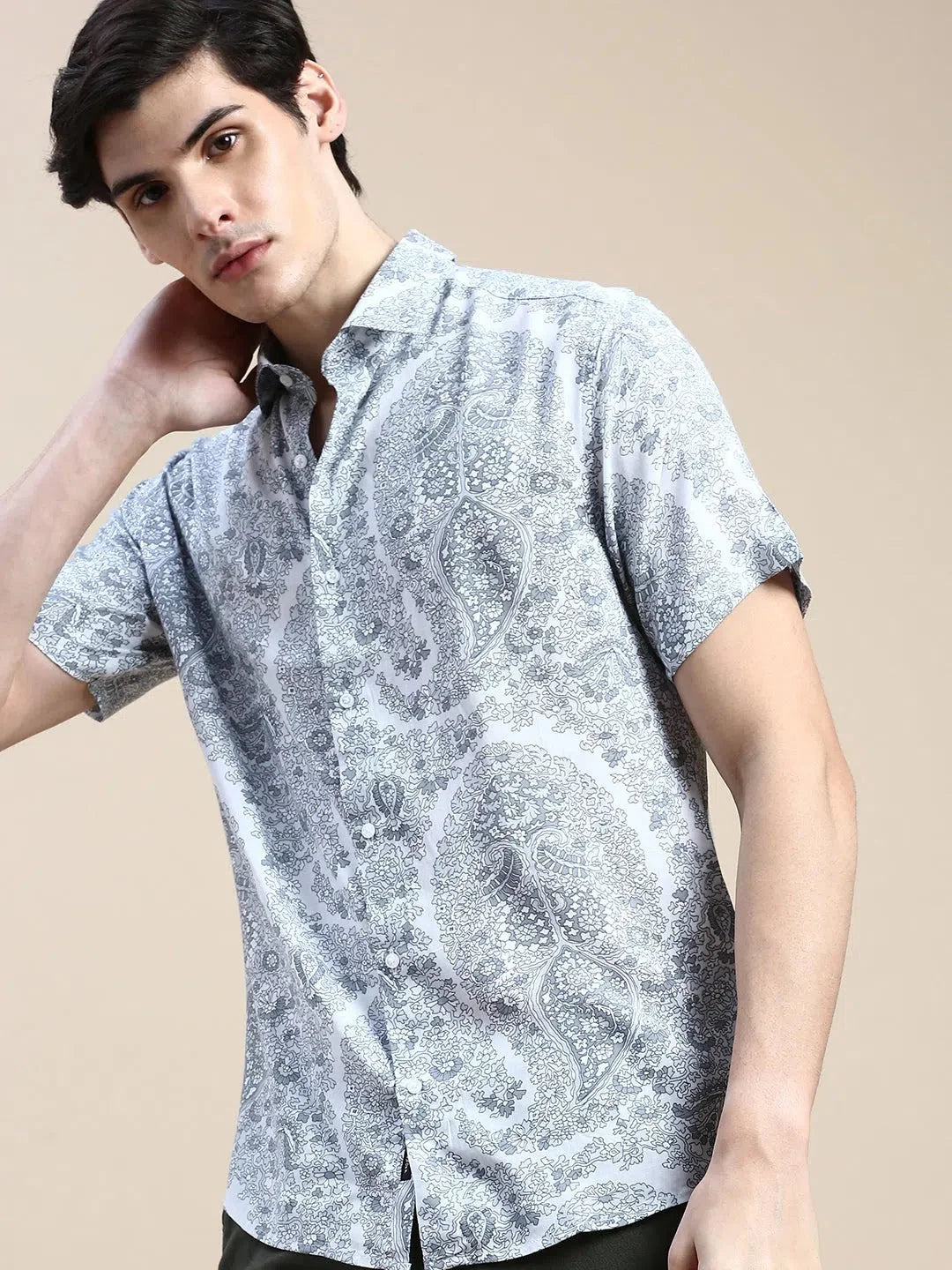 Mens Grey Floral Shirt - DesiQlo Cotton Printed Shirt