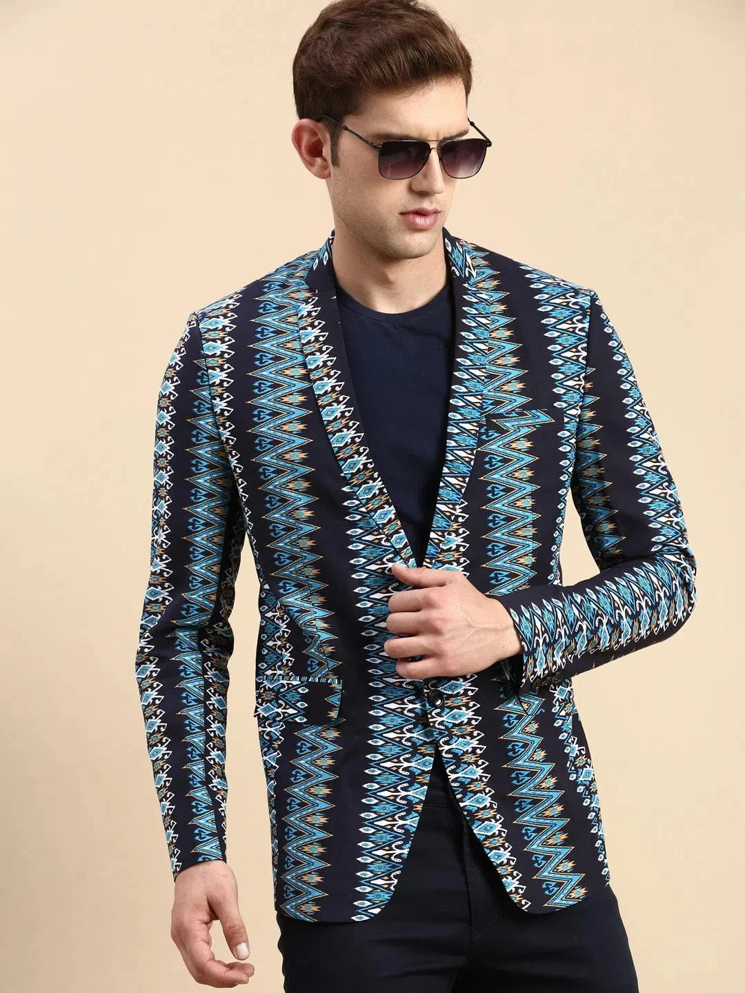 Men Navy Printed Casual Blazer-SOBLZ-78-5-Navyblue
